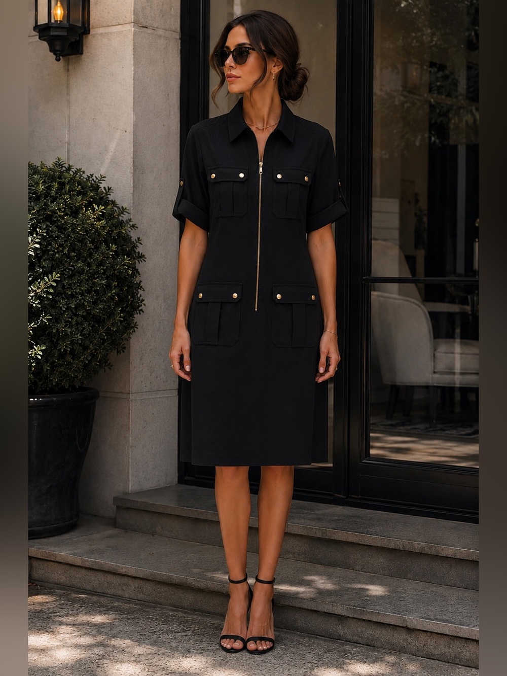 Shelby & Palmer Black Utility Shirt Dress with Gold Hardware | Size 6